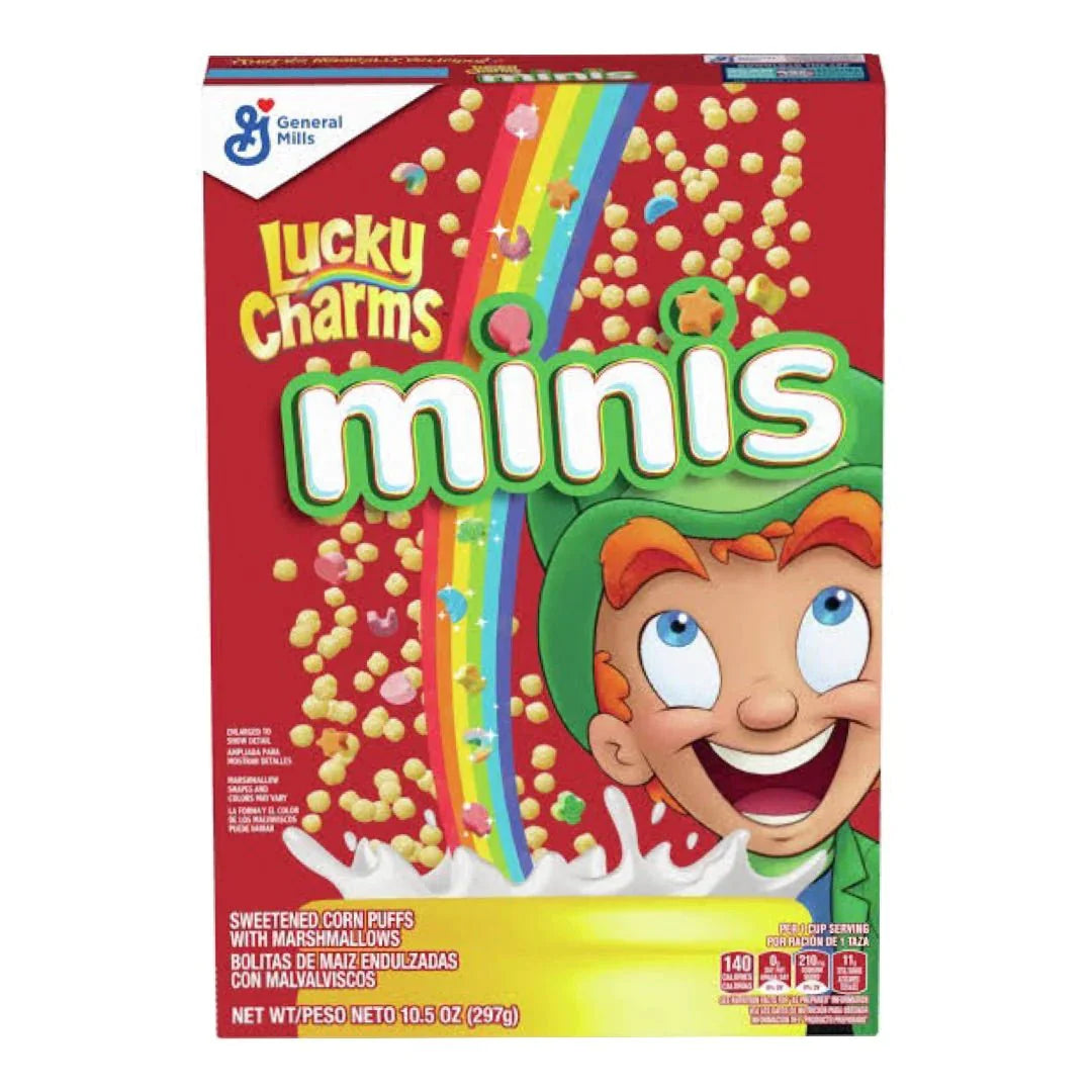 Front of Lucky Charms Minis box featuring sweetened corn puffs with marshmallows, vibrant colours, and leprechaun character (297g pack)