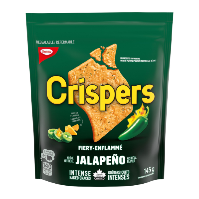 Front of Crispers Jalapeno Crackers bag showcasing the brand logo, fiery jalapeno flavour, and 145g pack size