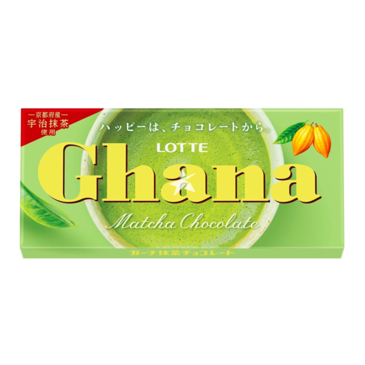 Front of Lotte Ghana Matcha Chocolate packaging displaying the brand logo, matcha flavour, and 45g pack size