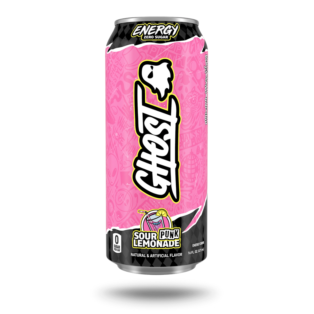 Front of Ghost Sour Punk Lemonade Energy Drink can displaying vibrant pink design, logo, and lemonade flavour label (473ml)