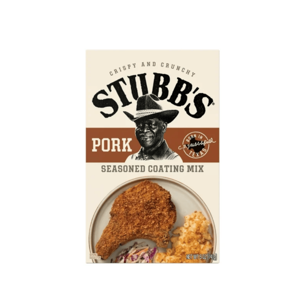 Front of Stubb's Pork Seasoning box displaying the logo, pork flavour label, and a serving suggestion with seasoned pork and sides (141g pack)