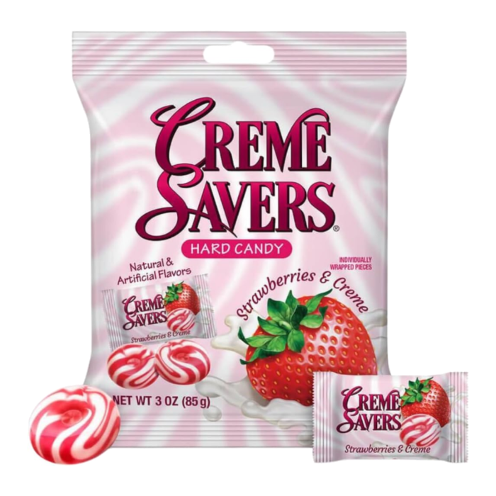 Front of a bag of Creme Savers Hard Candy Strawberries & Cream showing logo, flavour details, and pack size (85g)