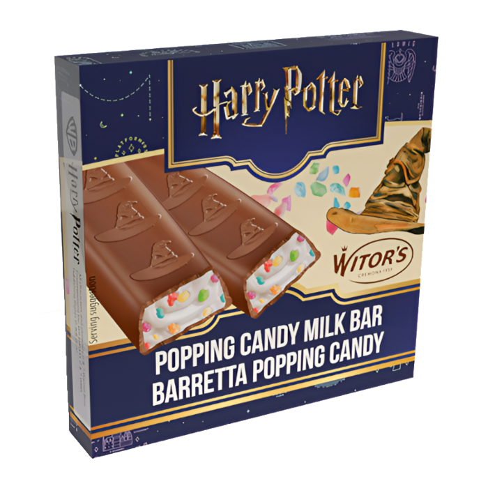 Front of Harry Potter Popping Candy Milk Mini Bars pack featuring colourful chocolate bars with popping candy and Harry Potter branding (50g pack)