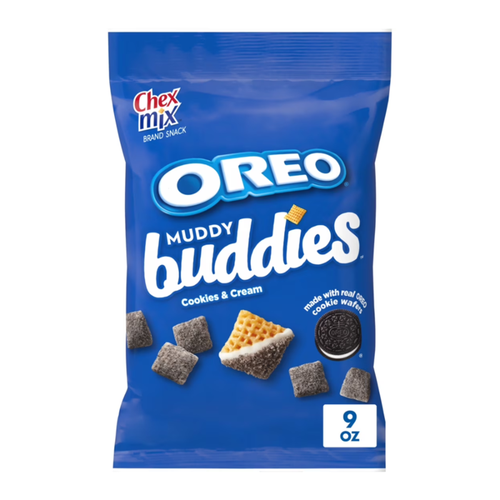 Front of Chex Mix Muddy Buddies Oreo bag showing blue packaging with logo and cookies & cream snack details (255g pack)