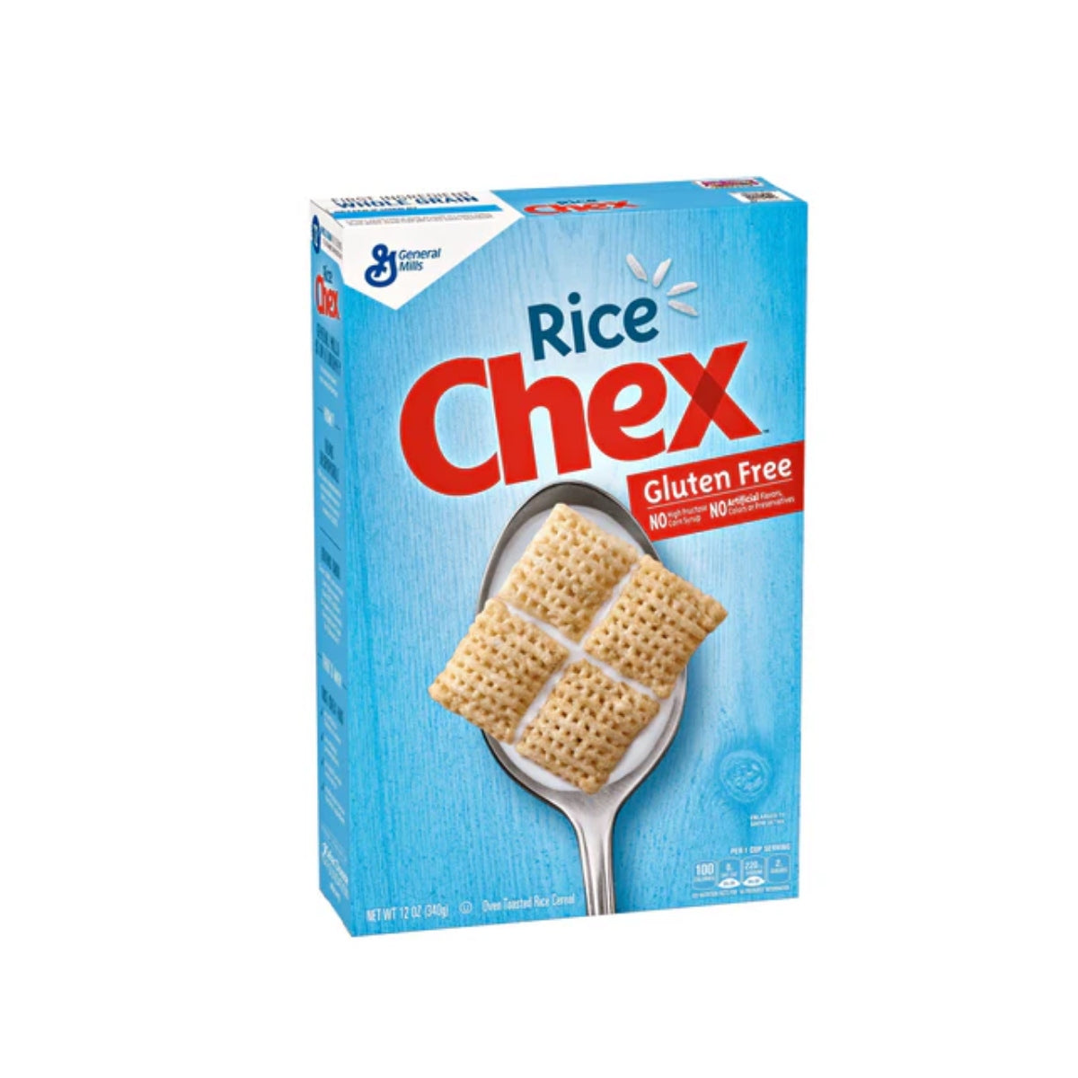 Front of Chex Rice Cereal box showing red logo, gluten-free label, and cereal pieces on a spoon (340g pack)