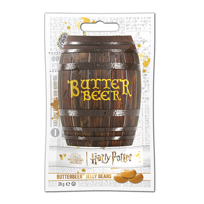 Front of Harry Potter Butterbeer Jelly Beans pack showing a wooden barrel with Butterbeer logo and jelly beans illustration (28g)