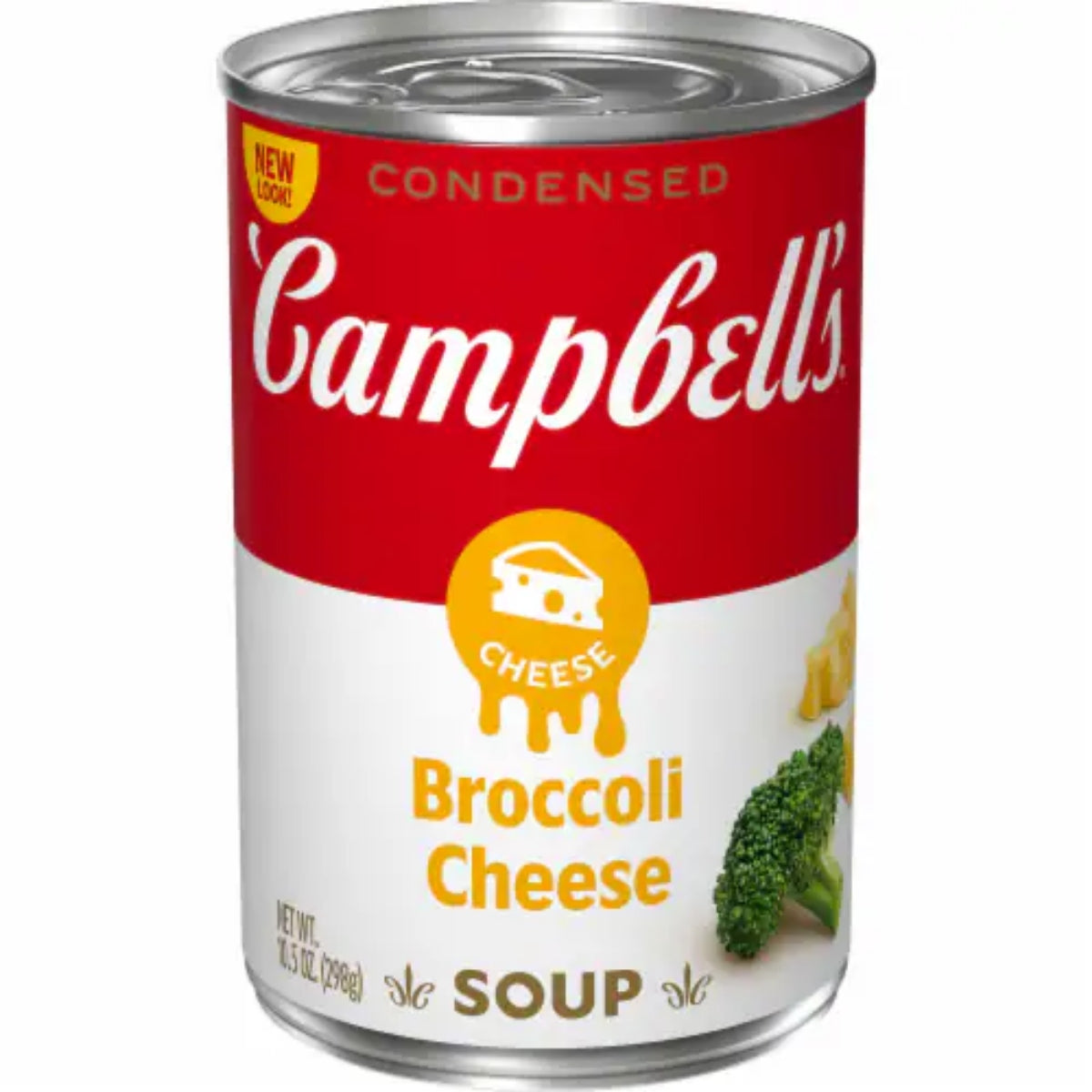 Front of Campbell's Broccoli Cheese soup can with red label, cheese icon, and broccoli image (298g)