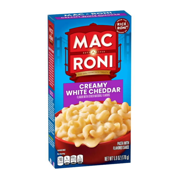 Front of Mac-A-Roni Creamy White Cheddar box showcasing rich creamy cheddar pasta in a bowl, with pack size of 170g displayed prominently.