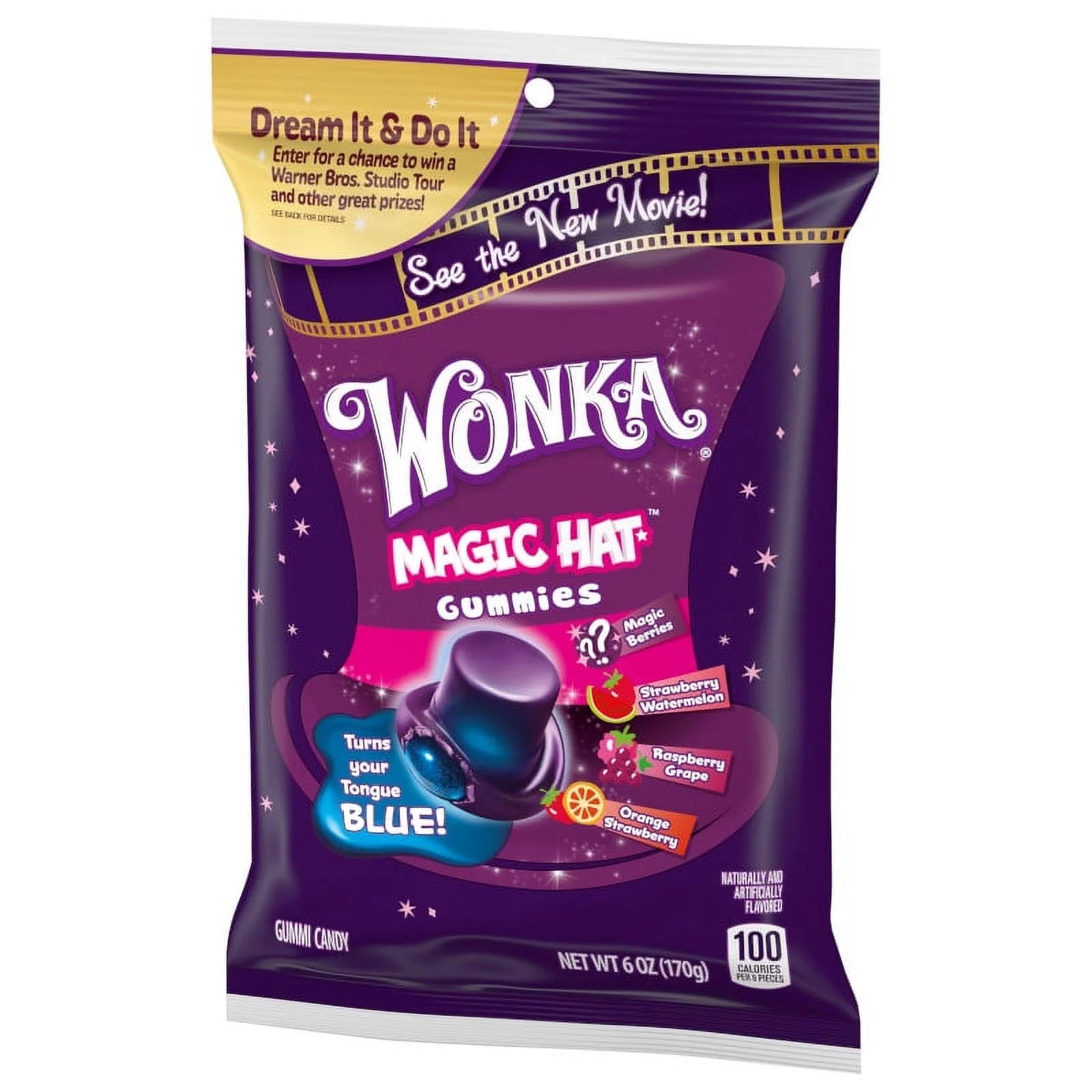 Front of Wonka Magic Hat Gummies bag featuring vibrant purple packaging, logo, flavours indication, and a playful illustration of a magician's hat (170g pack)