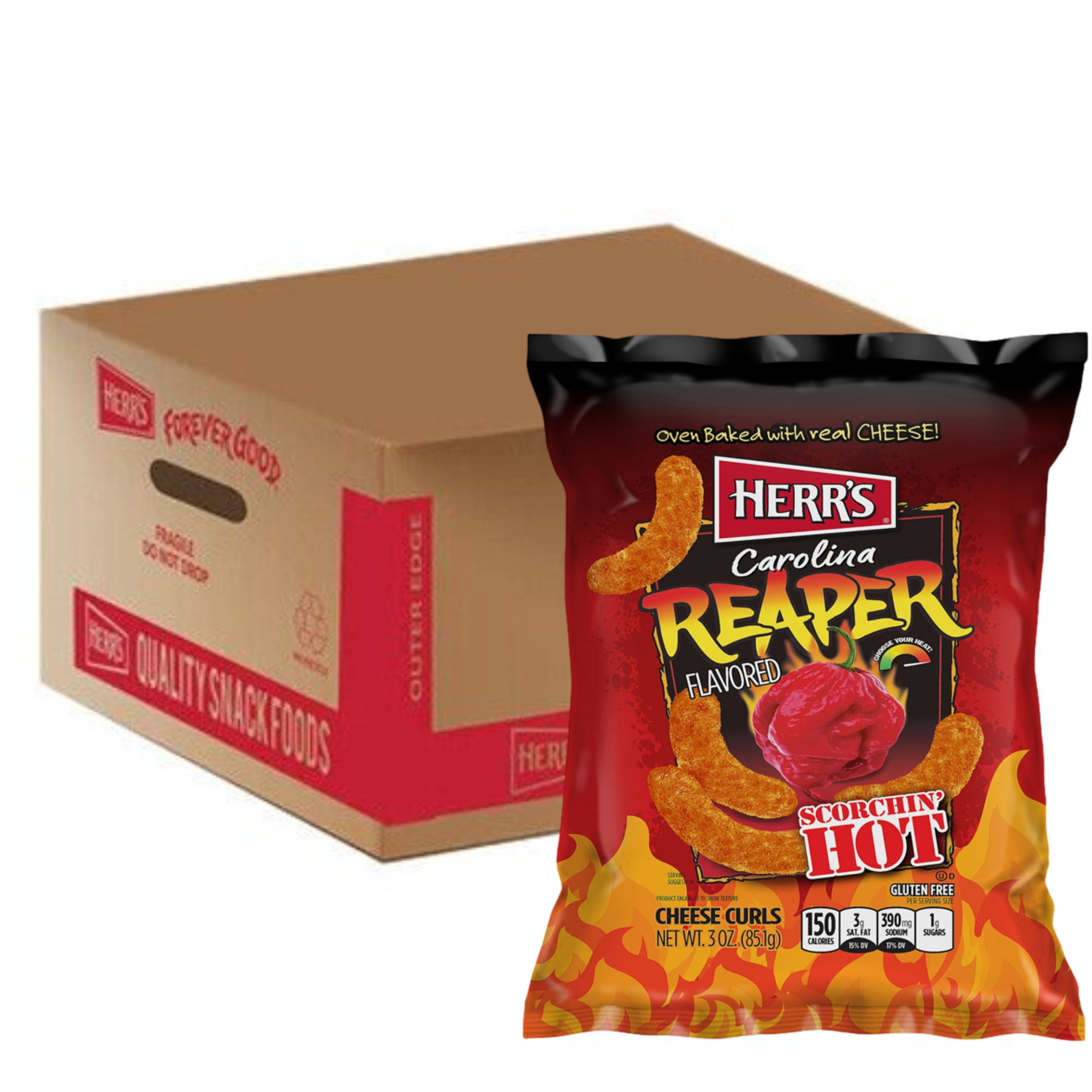 Front of Herr's Carolina Reaper Flavoured Cheese Curls bag showing bold logo, fiery design, and image of cheese curls with a 170g pack size.