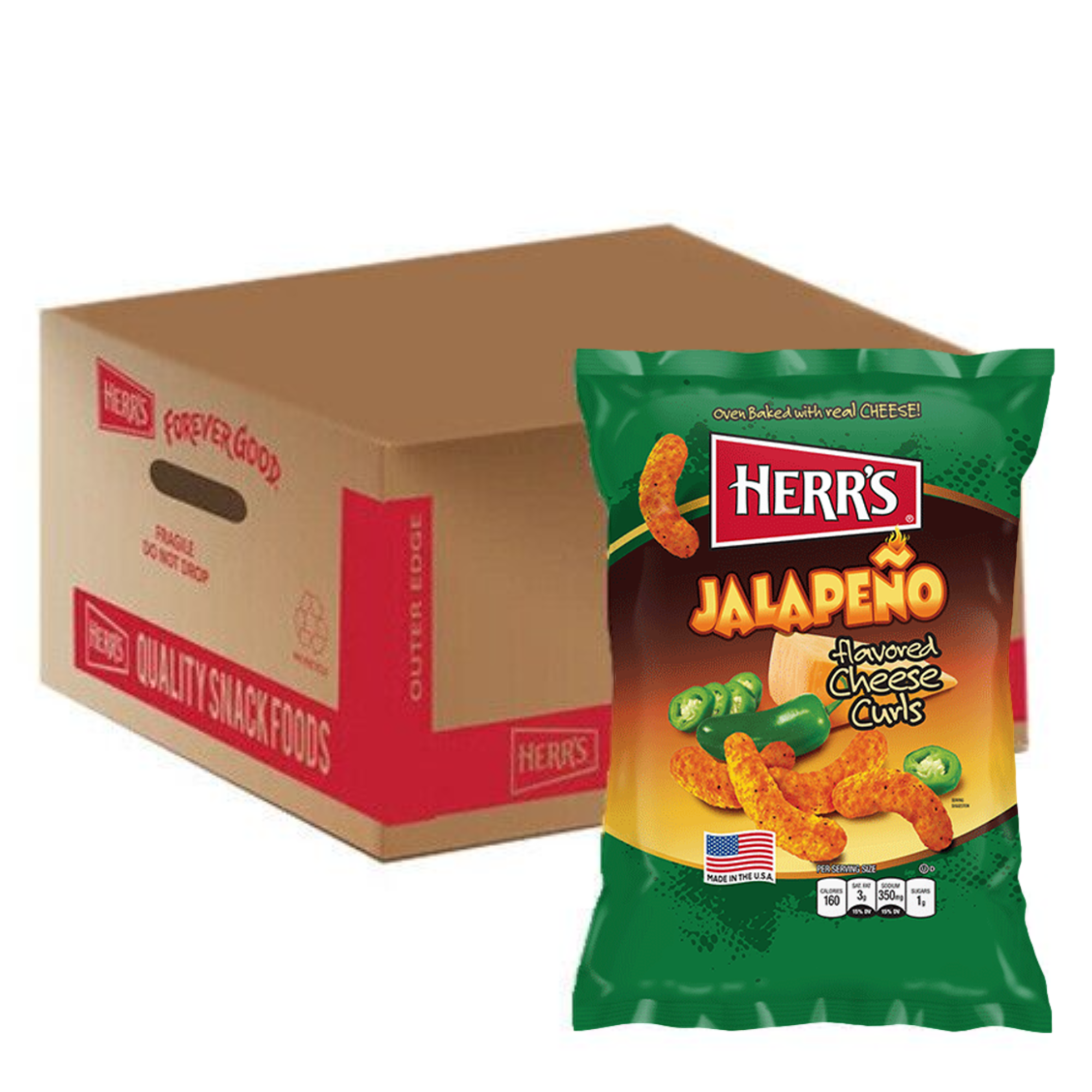Front of Herr's Cheese Curls Jalapeno Flavour Puffs bag showing bold logo, jalapeno flavour imagery, and 28.4g pack size.