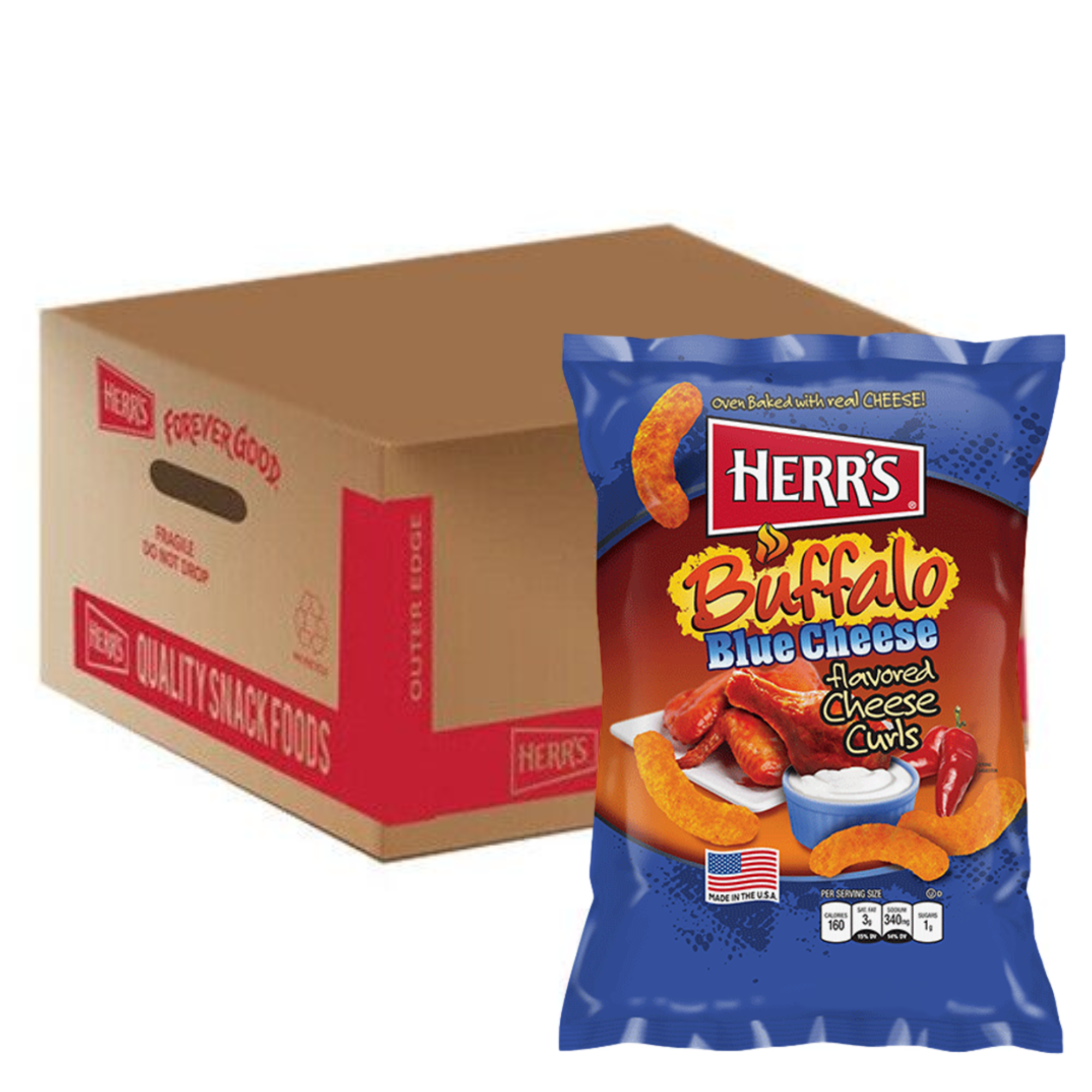 Front of Herr's Buffalo Blue Cheese Flavoured Cheese Curls bag showing colourful packaging, cheese curls, and flavour description (170g pack)