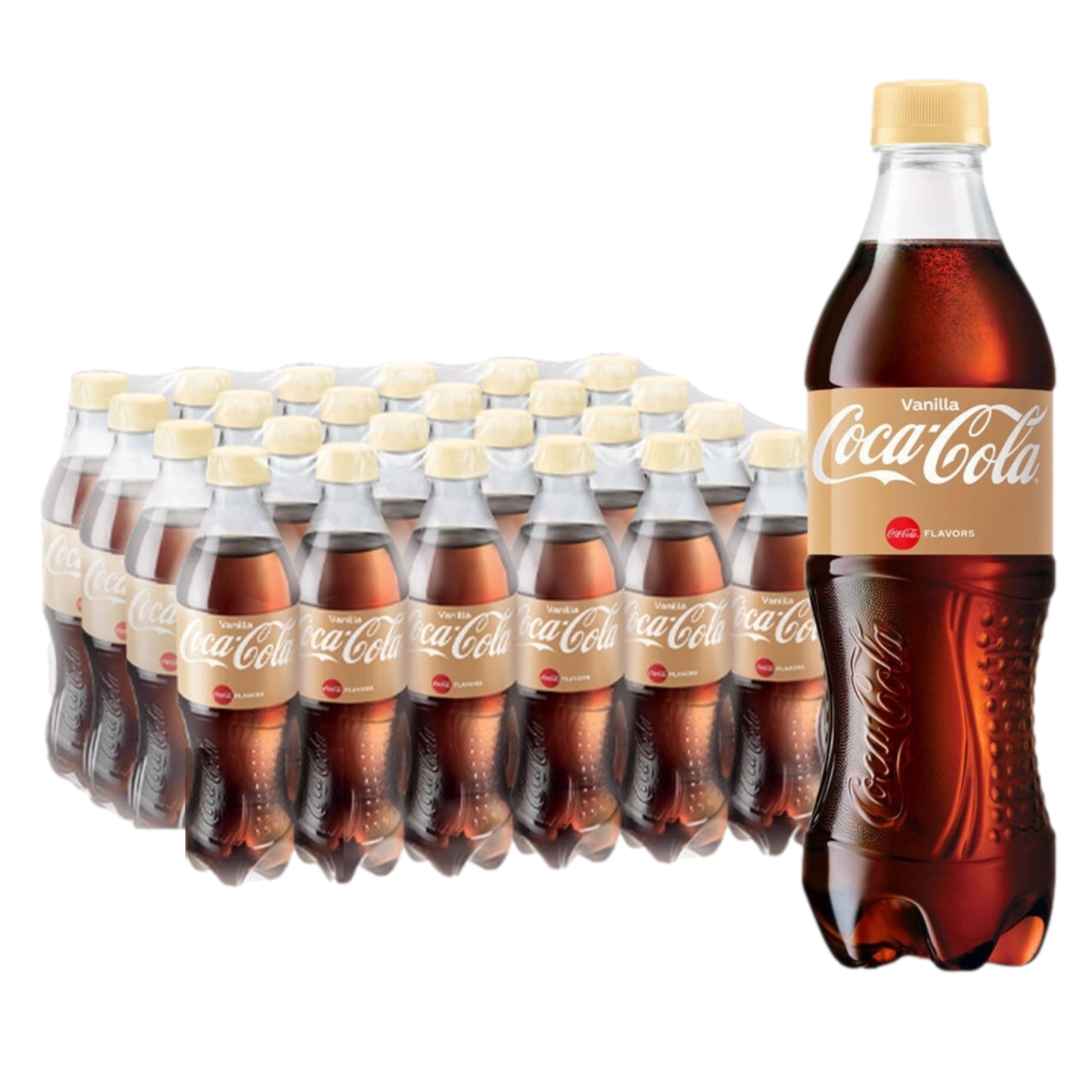 Front of Coca Cola Vanilla (500ml) bottle showing the logo, vanilla flavour label, and 24 pack arrangement.