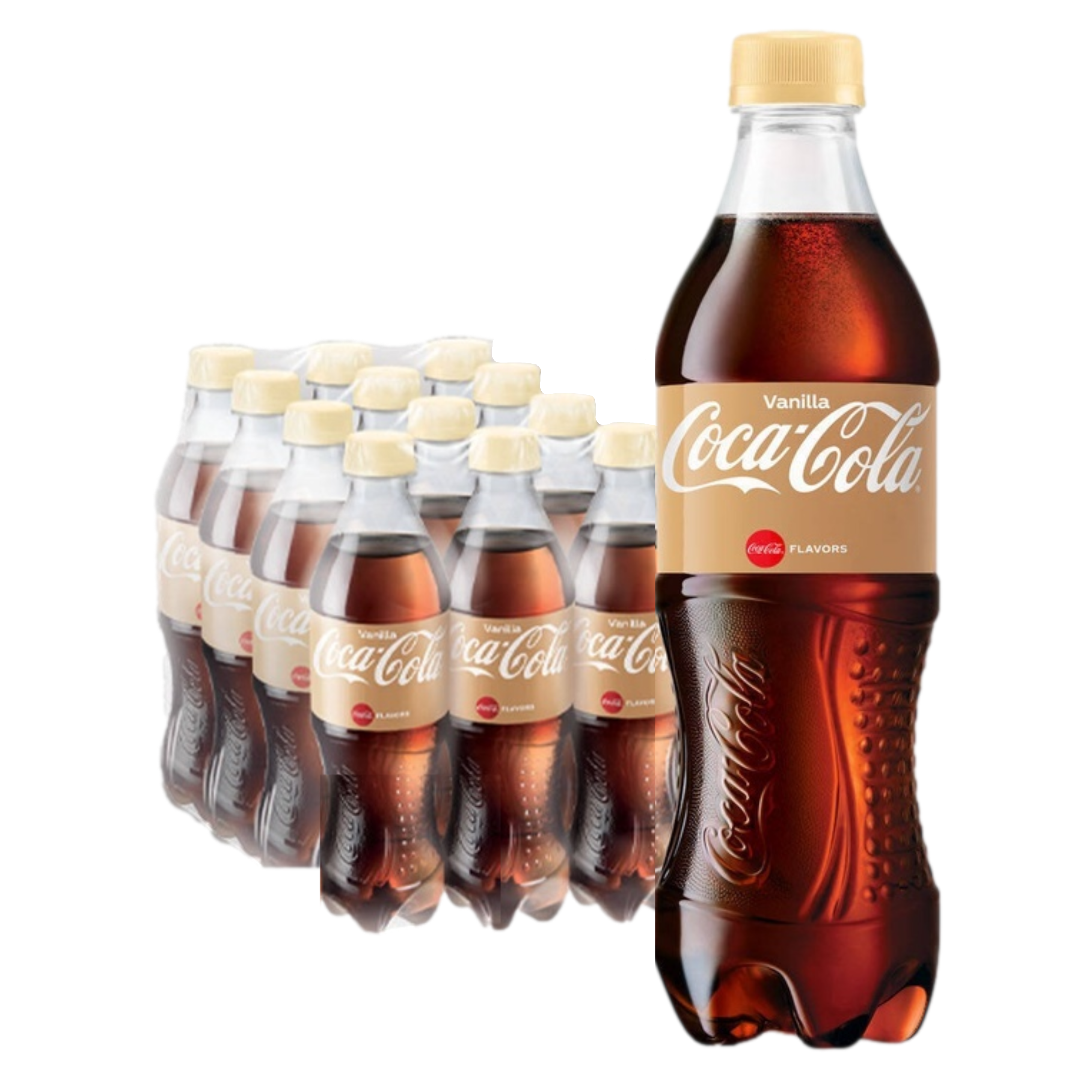Front of Coca Cola Vanilla bottle showing the logo, vanilla flavour label, and 500ml size with a background of multiple bottles in a 12-pack.