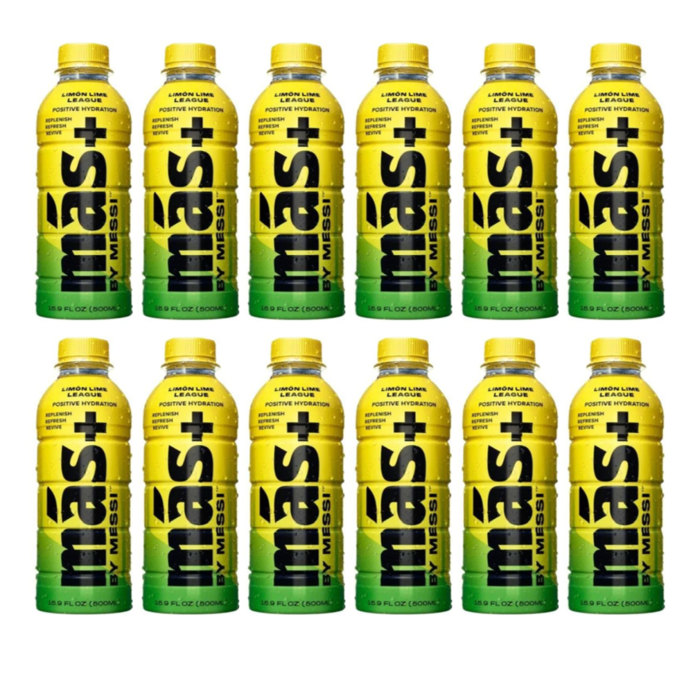 Front of MAS+ Hydration By Lionel Messi Limon Lime League bottle showing bright yellow and green design, lemon-lime flavour label, and 500ml size indication (12 pack)