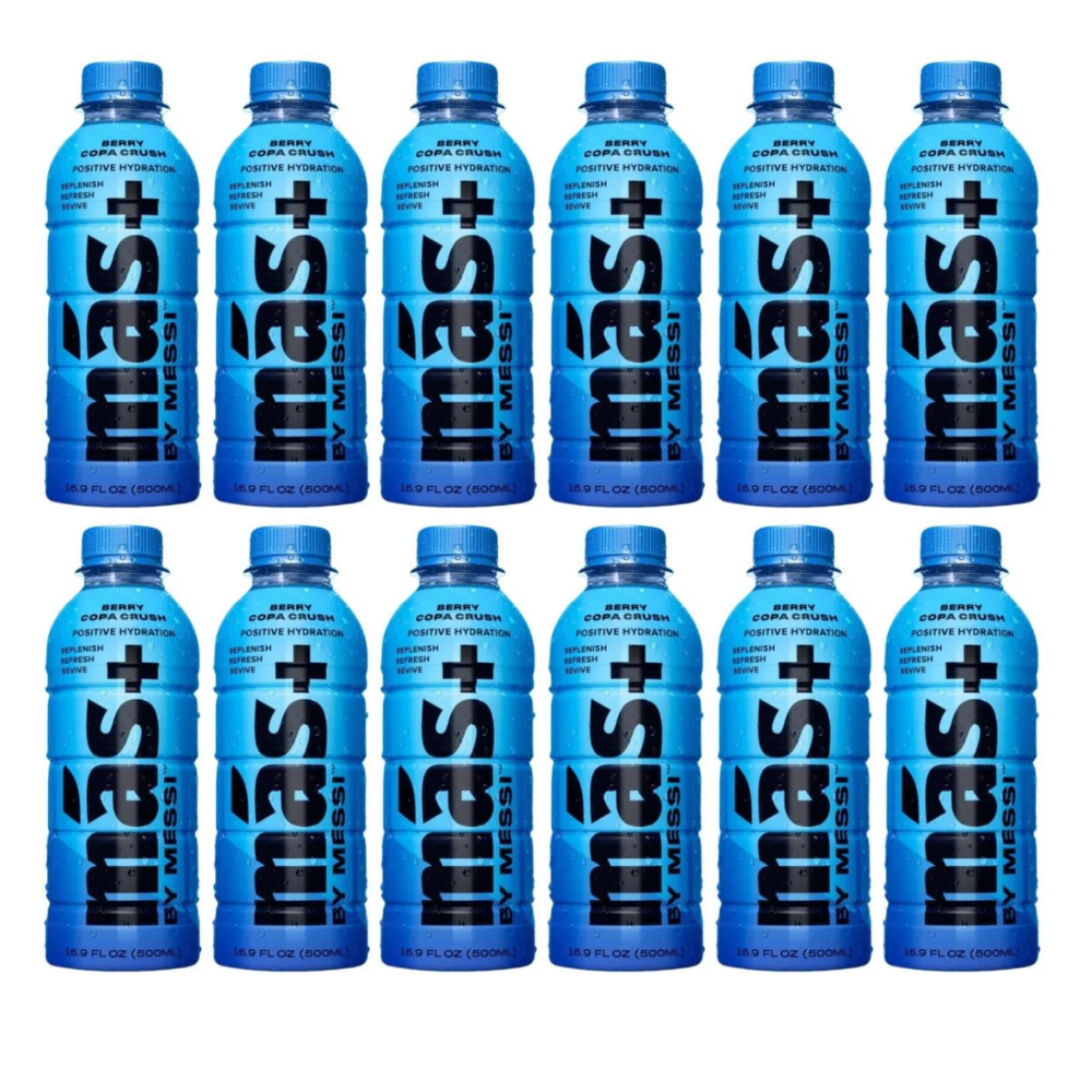 Front of MAS+ Hydration By Lionel Messi Berry Copa Crush bottle showing bright blue label, berry flavour details, and 500ml size.