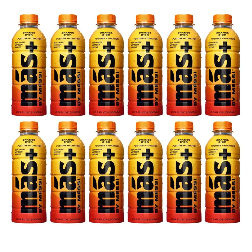Front of MAS+ Hydration By Lionel Messi bottle showing bold orange and yellow design, positive hydration label, and 500ml size (12 pack)