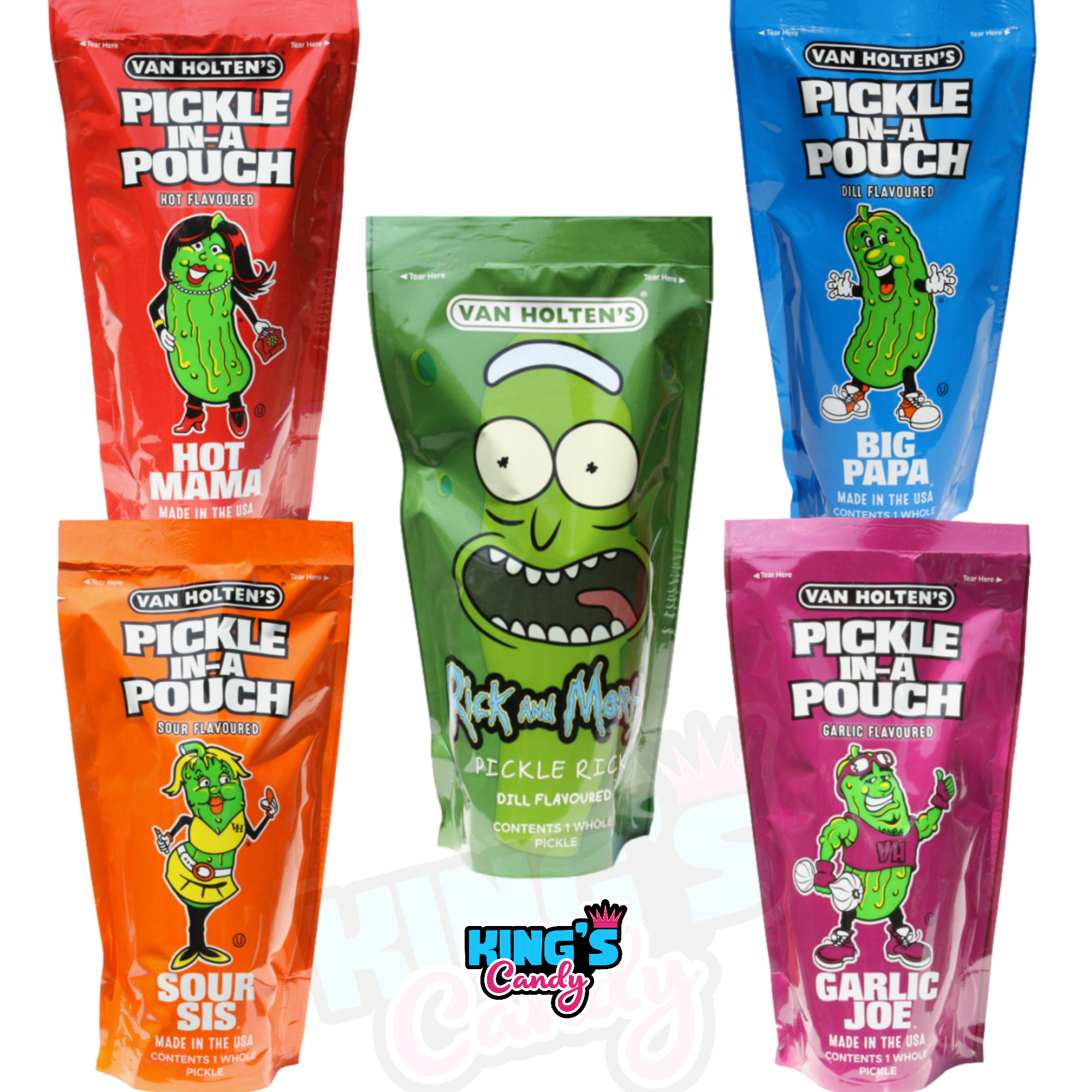 Front of Van Holten's Jumbo Pickle In-a-Pouch Bundle showcasing various flavoured pickle pouches including dill, spicy, and garlic (assorted pack)