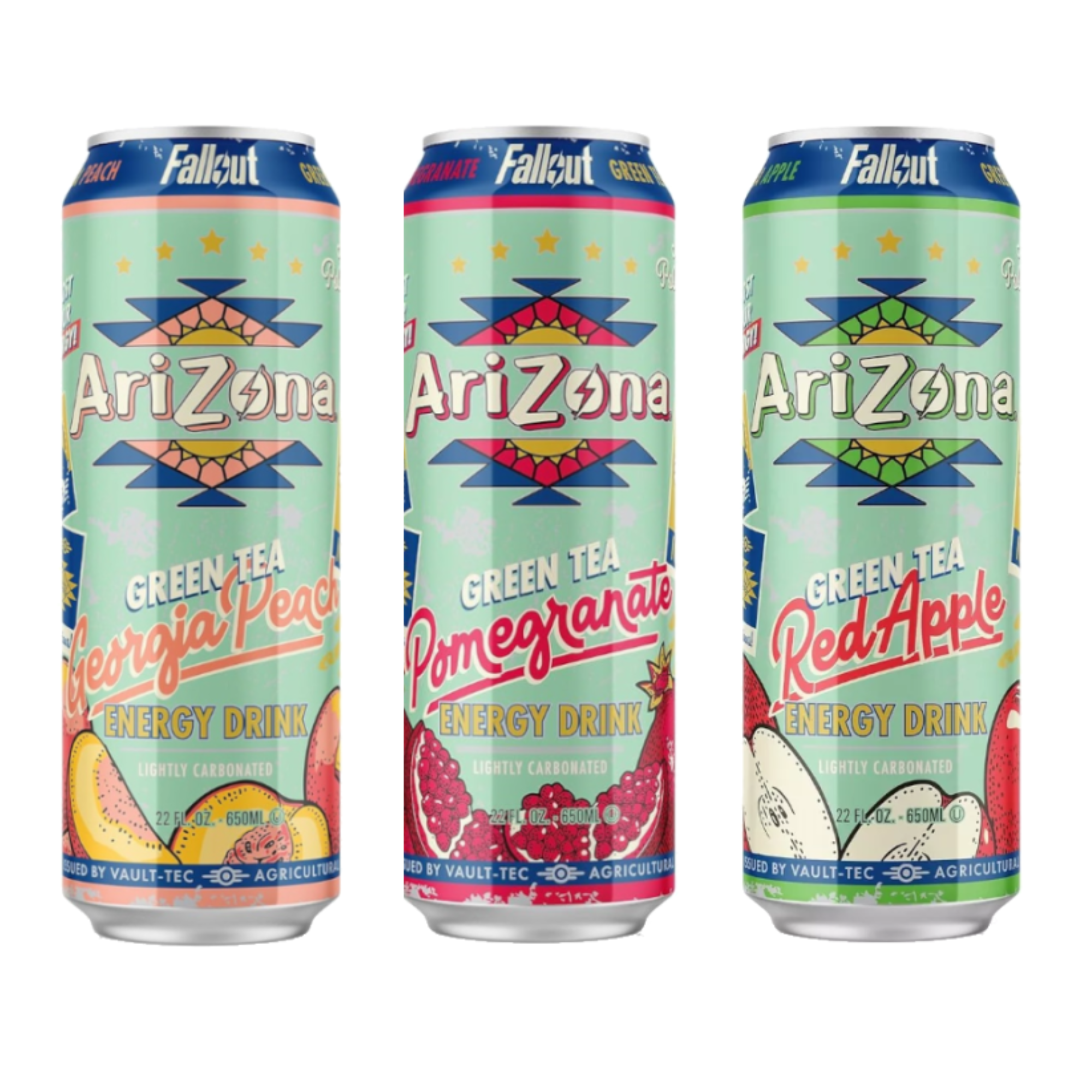 Front of Arizona X Fallout Green Tea Energy Drink Bundle featuring three flavours: Georgia Peach, Pomegranate, and Red Apple, each in 650ml cans.