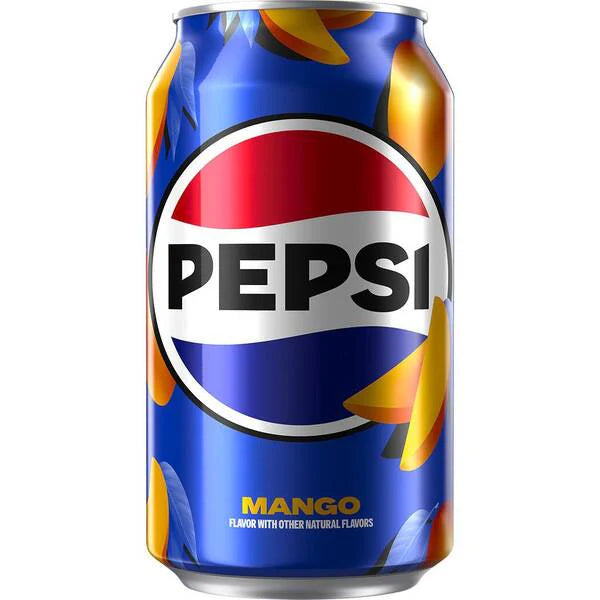 Front of Pepsi Mango can displaying the logo, tropical mango imagery, and 355ml pack size.