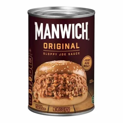 Front of Manwich Original Sloppy Joe Sauce can showing the brand logo, original flavour, and a thick Sloppy Joe on a bun (425g pack)
