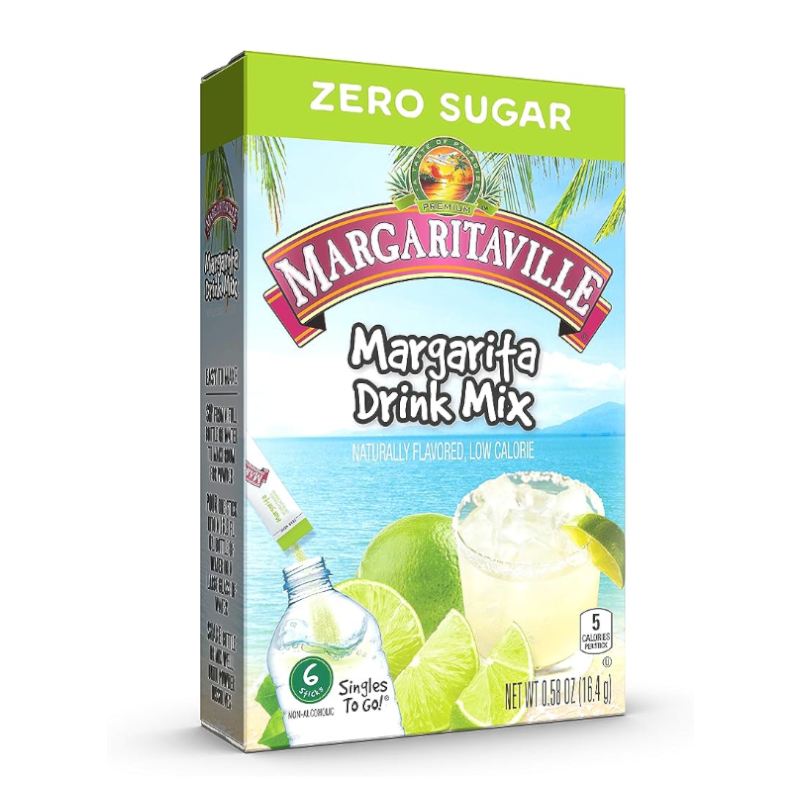 Front of Margaritaville Margarita Singles to Go box showing logo, margarita drink mix, and vibrant imagery with limes (16.5g pack)