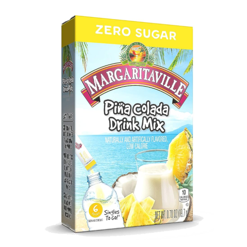 Front of Margaritaville Pina Colada Singles to Go box showcasing the logo, tropical drink mix design, and pack size (16.5g single serving)