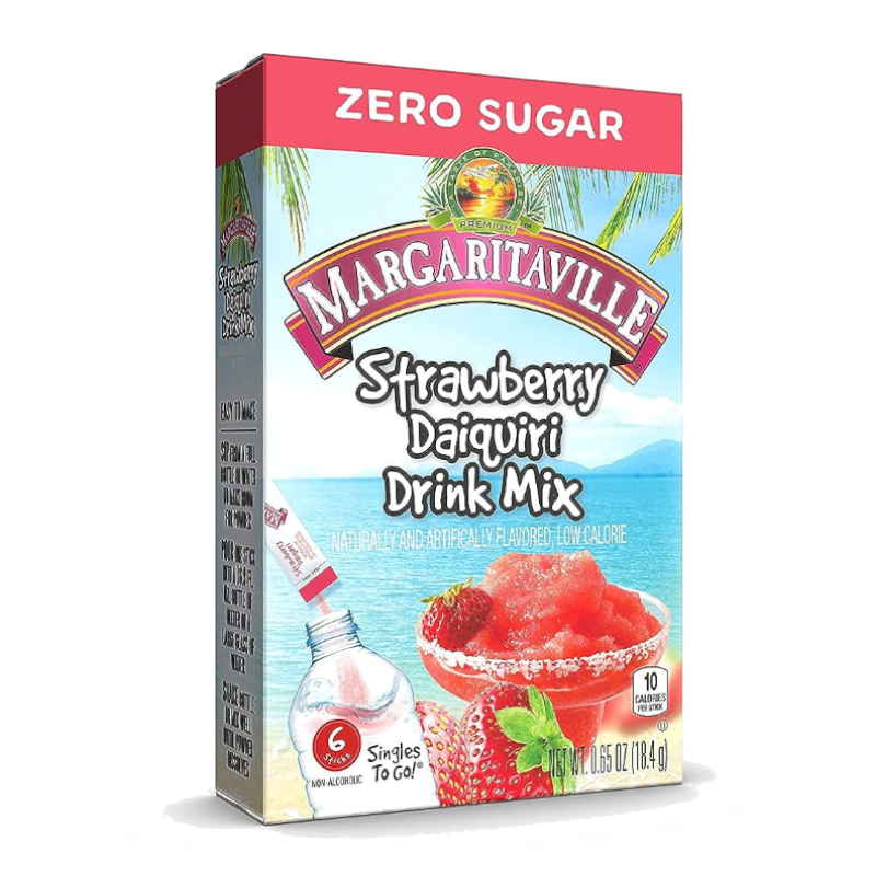 Front of Margaritaville Strawberry Daiquiri Singles to Go box showing vibrant label, drink mix details, and pack size (16.5g)