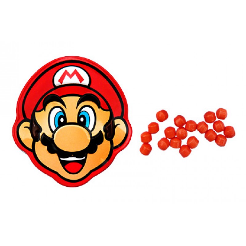 Front of Mario Brick Breaking Candy Tin showing vibrant Mario character design and playful candy pieces (17g pack)
