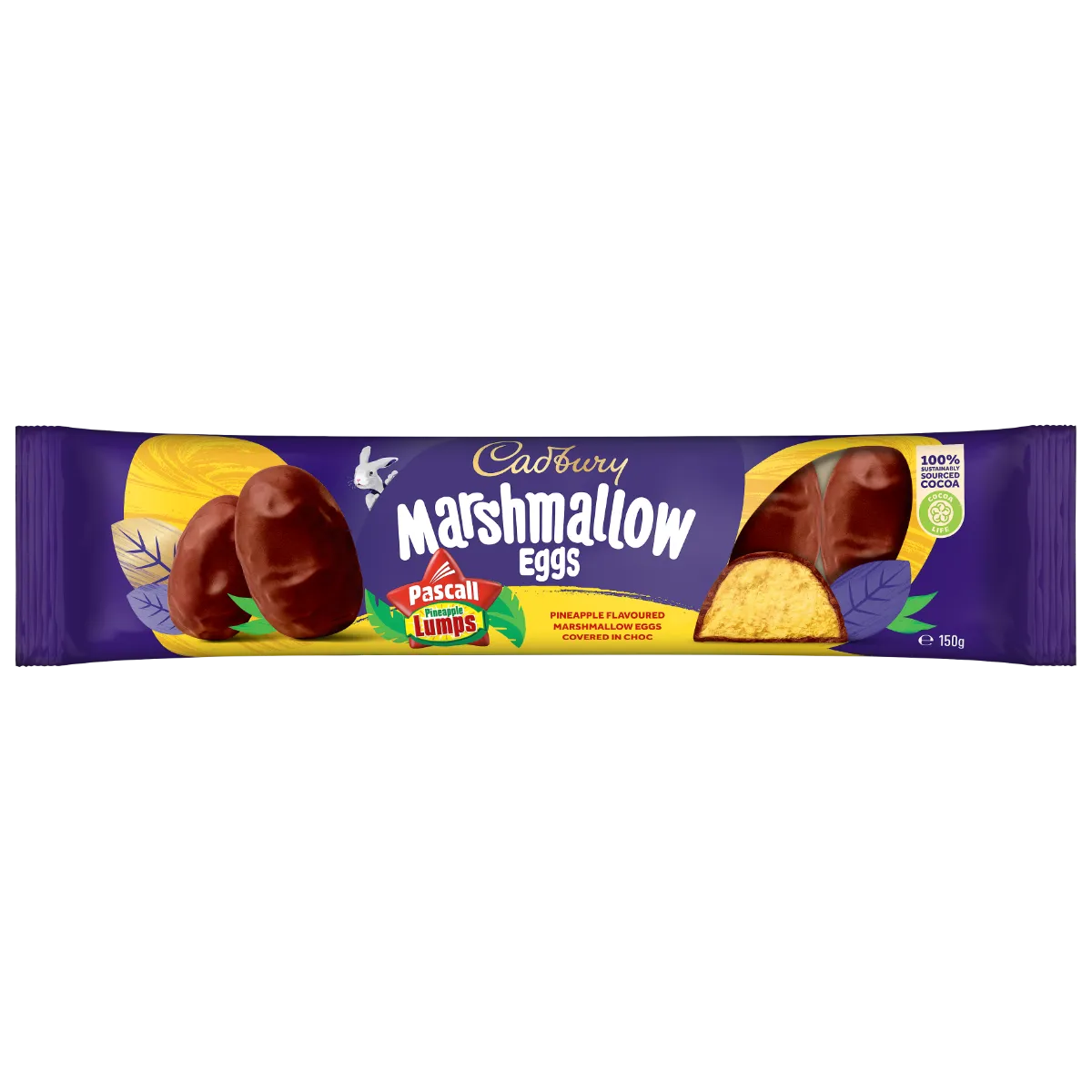 Front of Cadbury Pascall Pineapple Lumps Marshmallow Eggs pack showing chocolate-covered marshmallow eggs, pineapple flavour label, and pack size (150g)