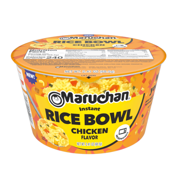 Front of Maruchan Bowl Instant Rice Chicken packaging showing bright yellow logo, rice bowl with chicken flavour label, and pack size (106.8g)