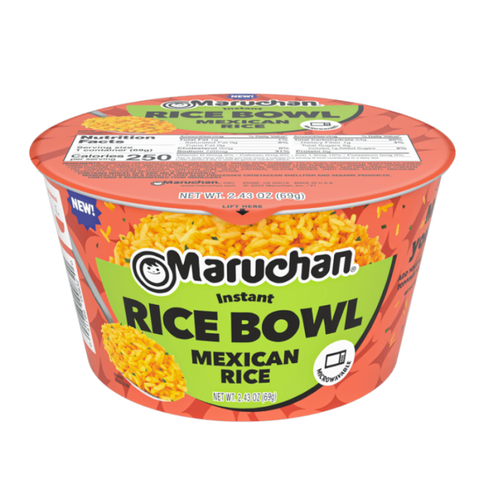 Front of Maruchan Bowl Instant Rice Mexican showing vibrant label, logo, and rice in a bowl (114g pack)