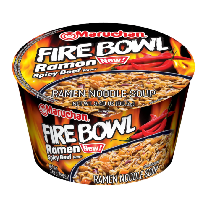 Front of Maruchan Fire Bowl Spicy Beef Ramen cup showing bold logo, spicy beef flavour text, and ramen noodle soup image (99.2g pack)
