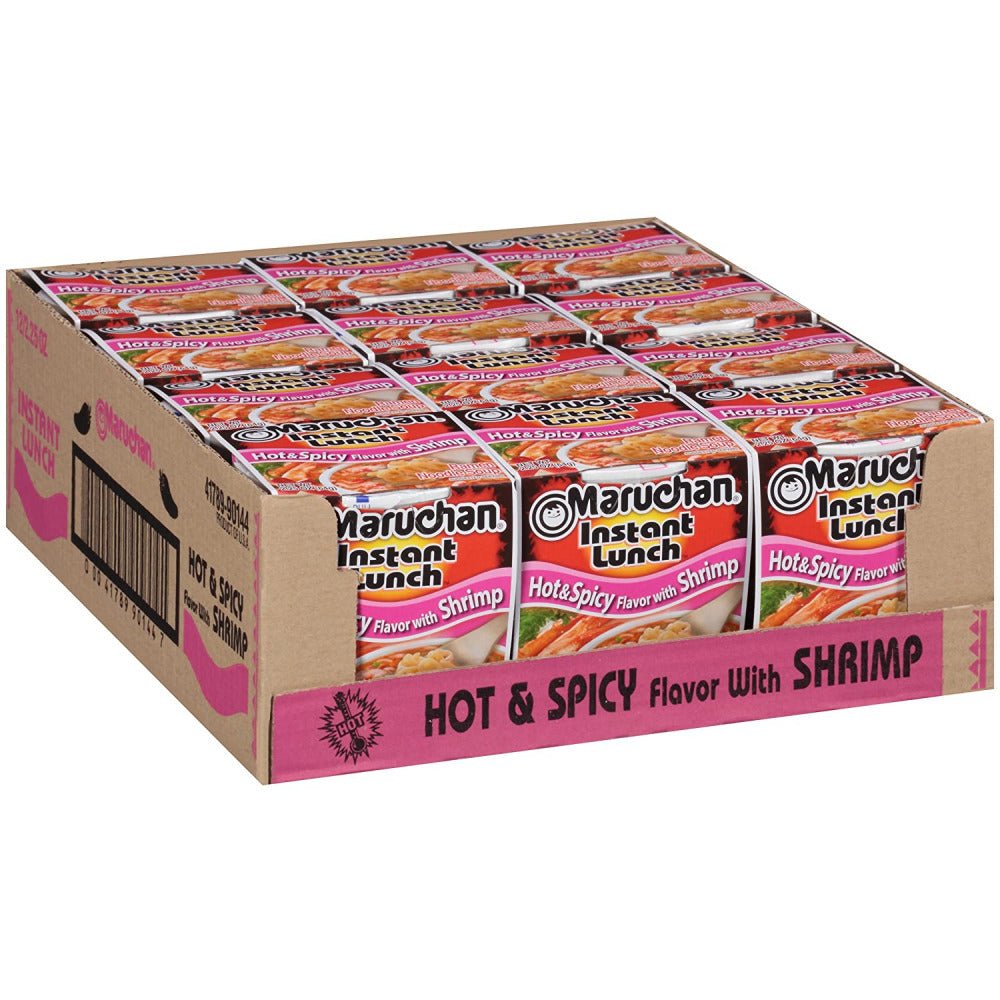 Front of Maruchan Hot & Spicy Shrimp Flavour Instant Lunch packaging showing brand logo, shrimp flavour detail, and 12 pack (12 x 64g)