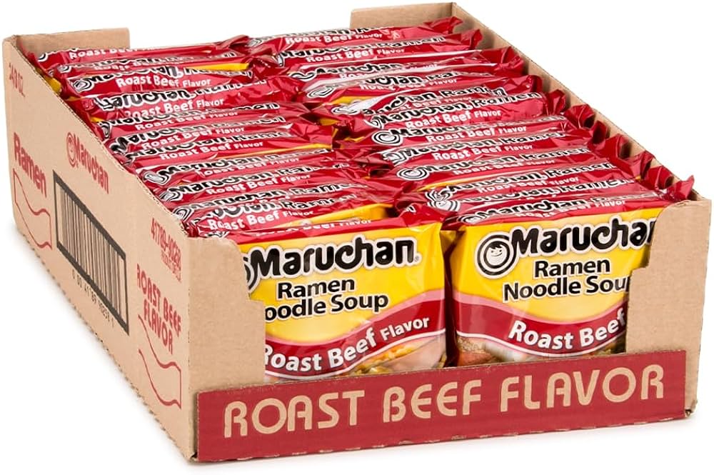 Front of Maruchan Roast Beef Flavour Ramen Noodles packaging showing logo, flavour details, and 85g size in a 24 pack