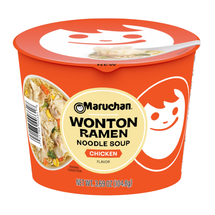 Front of Maruchan Wonton Ramen Chicken Noodle Soup cup showing the brand logo, chicken flavour label, and image of wonton noodles (104.8g pack)