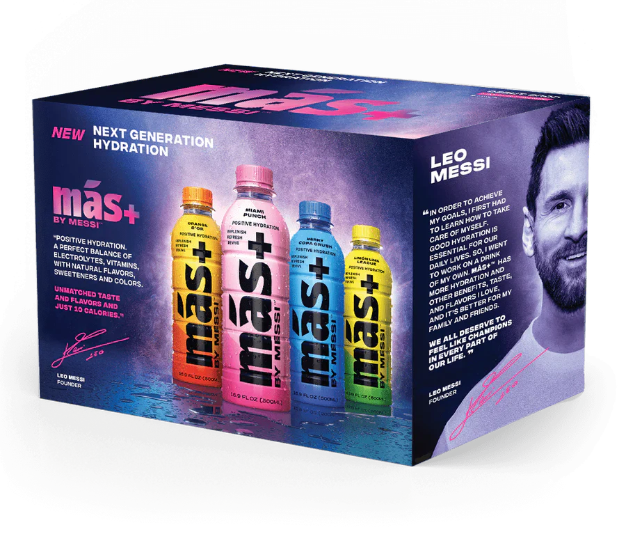 Front of MAS+ Hydration By Lionel Messi Variety Pack showing colourful bottles, logo, and pack size (12 x 500ml)