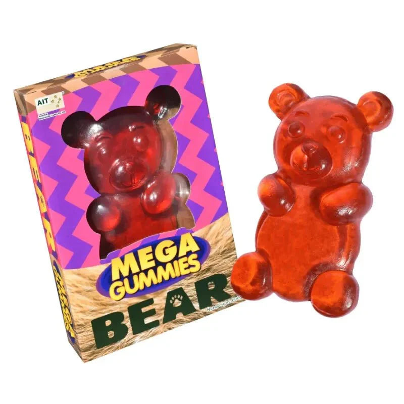 Front of Mega Gummies Bear packaging showing a large bright red gummy bear with the product name and 600g size displayed.