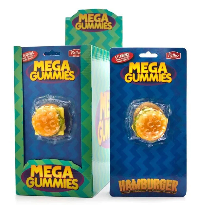 Front of Mega Gummies Hamburger pack featuring a colourful hamburger gummy, brand logo, and 120g pack size.