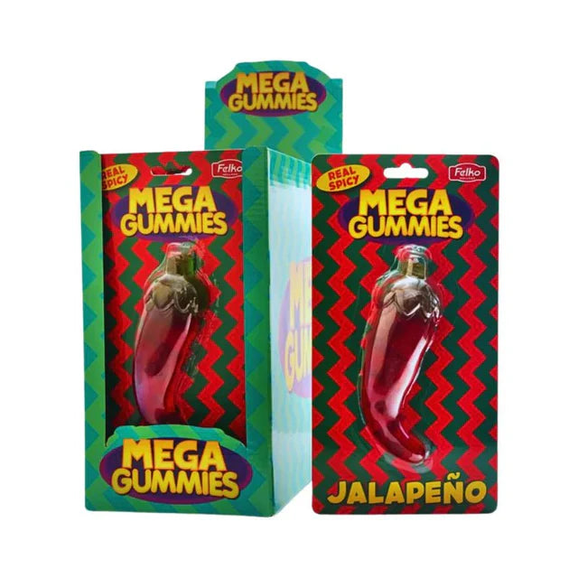 Front of Mega Gummies Jalapeno package featuring bright colours, bold Mega Gummies logo, and a visual of a jalapeno gummy (120g pack)