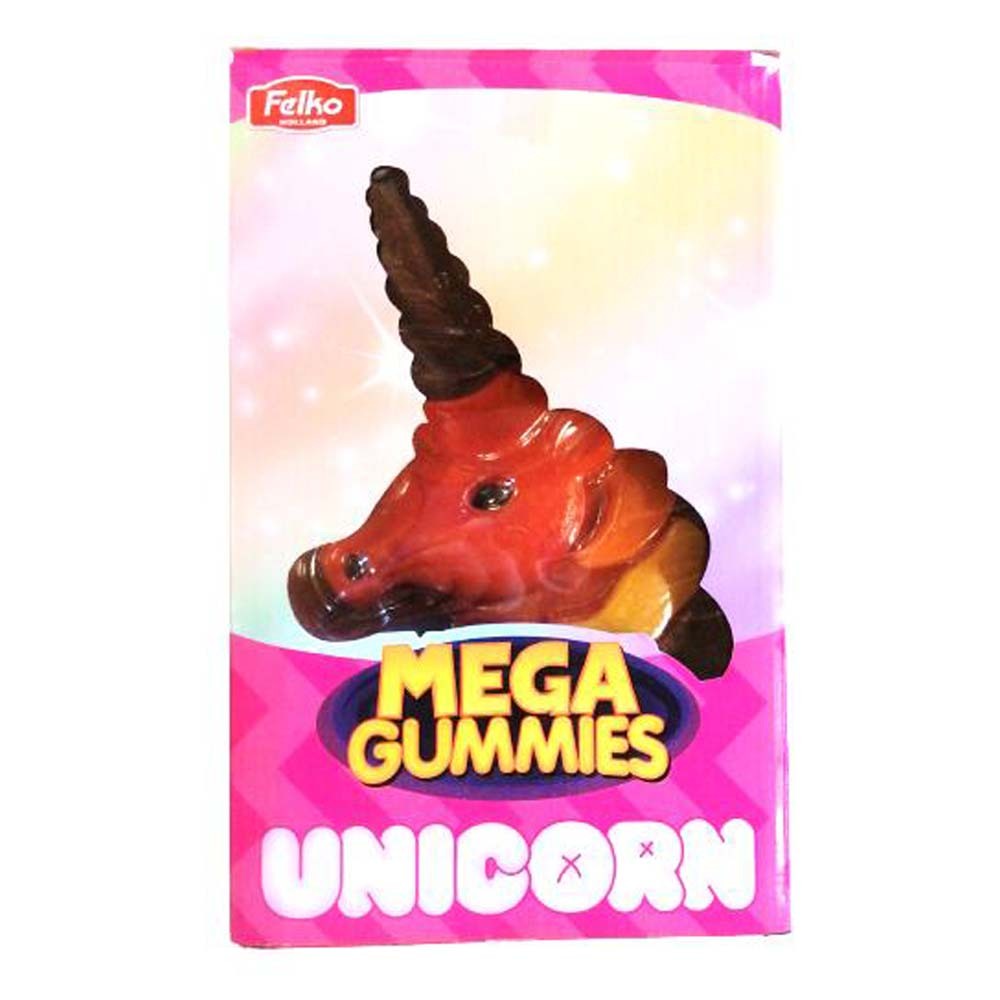 Front of Mega Gummies Unicorn packaging featuring colourful unicorn-shaped gummies, vibrant pink background, and 600g quantity.