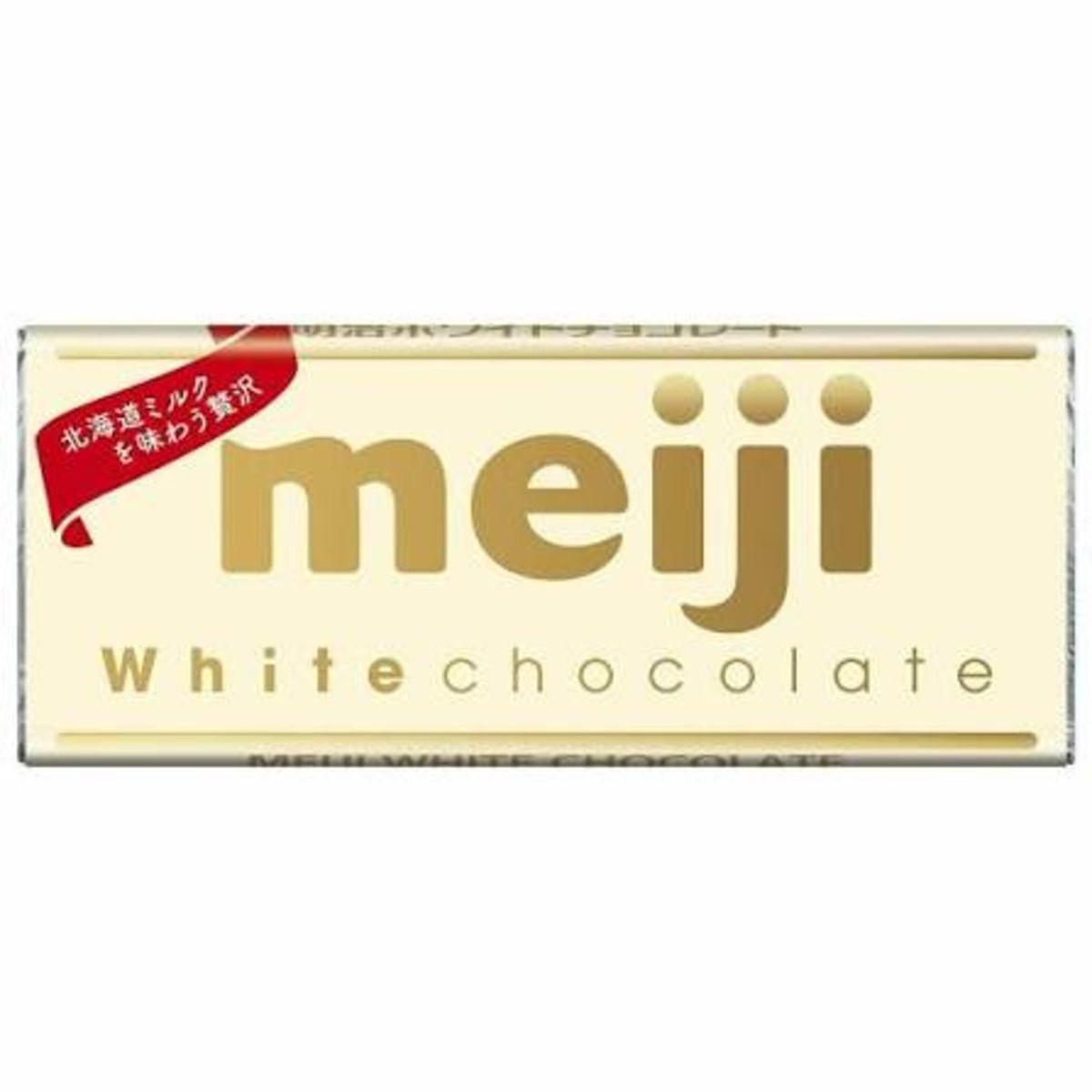 Front of Meiji White Chocolate Bar showing the logo, creamy white chocolate design, and 40g pack size