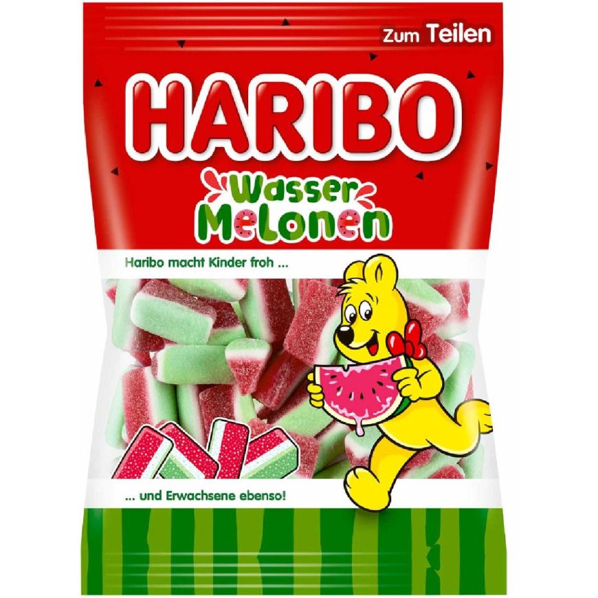 Front of Haribo Wassermelonen bag displaying watermelon flavour, Haribo logo, and colourful gummy sweets (160g pack)