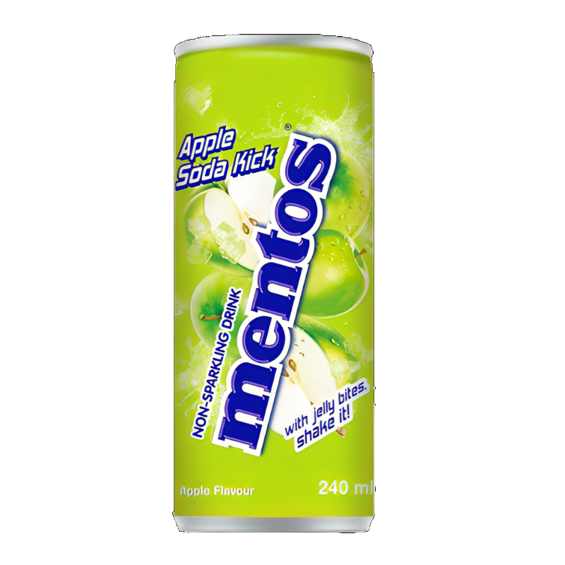 Front of Mentos Apple Soda Kick Soda can showing vibrant green design, apple flavour label, and jelly bites graphic (240ml drink)