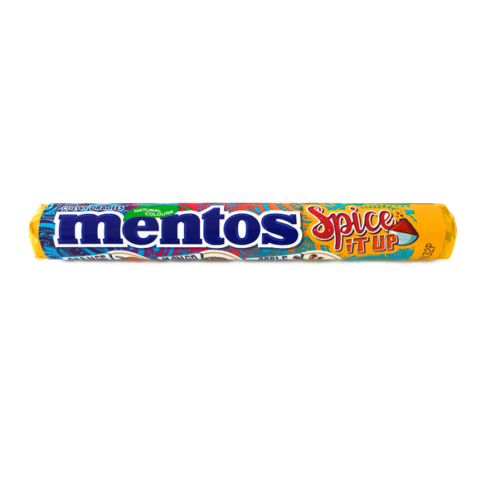 Front of Mentos Roll Spice IT UP featuring a bold logo and colourful wrapper design, containing 29g of chewy candy