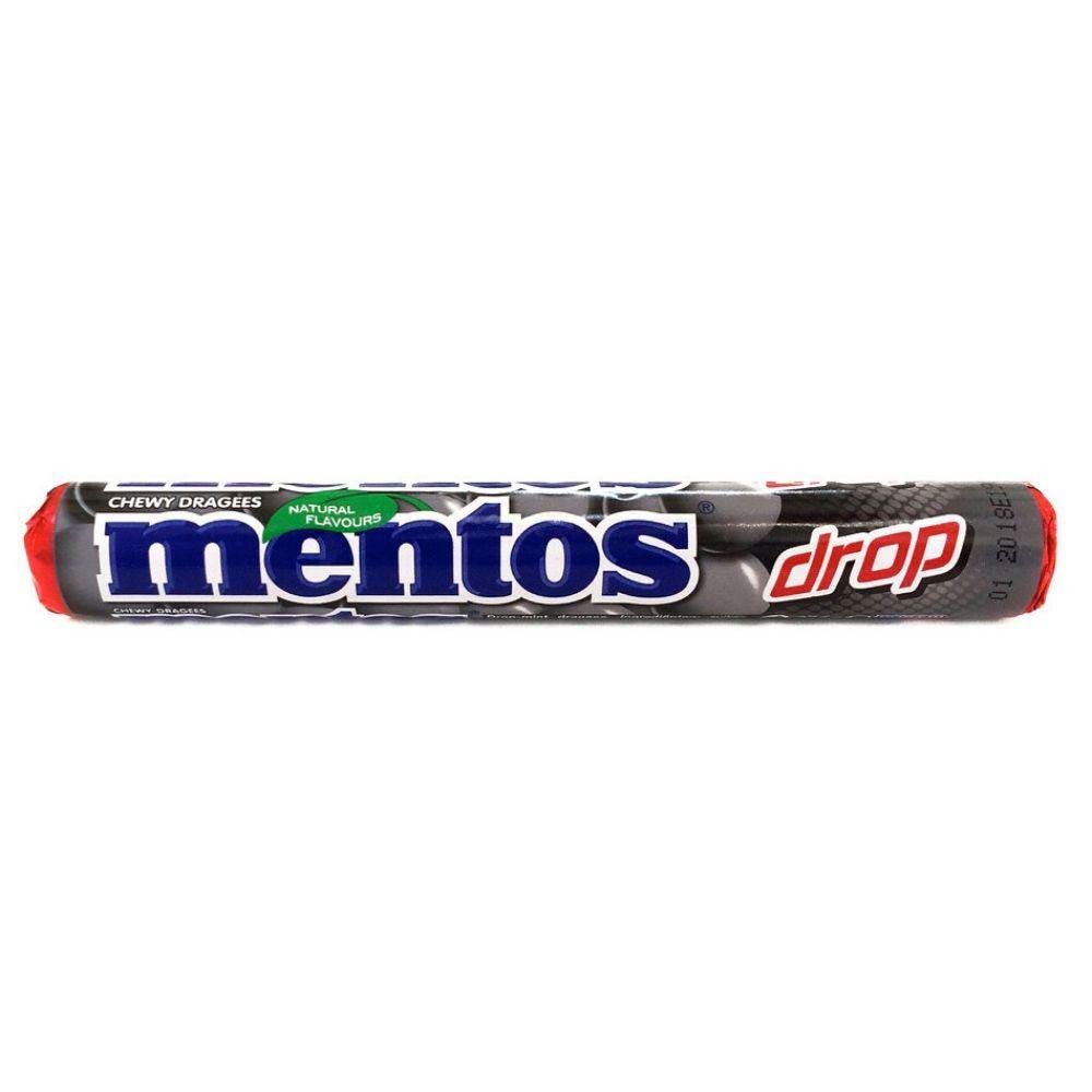 Front of Mentos Drop packet showing the logo, chewy dragees label, and pack size (37.5g)