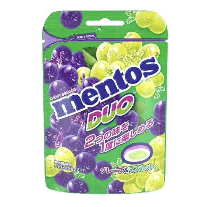 Front of Mentos Duo Grape & Muscat (Japan) bag showing vibrant green packaging with purple and yellow grape imagery and the product title (45g pack)