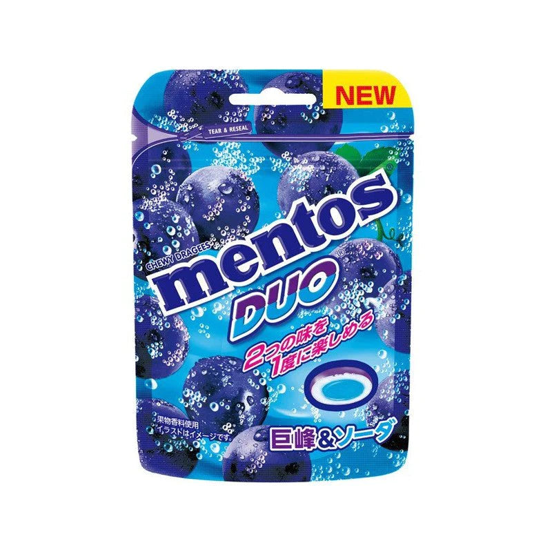 Front of Mentos Duo Kyoho Grape & Soda packet showing vibrant blue design, grape flavour details, and 45g pack size.