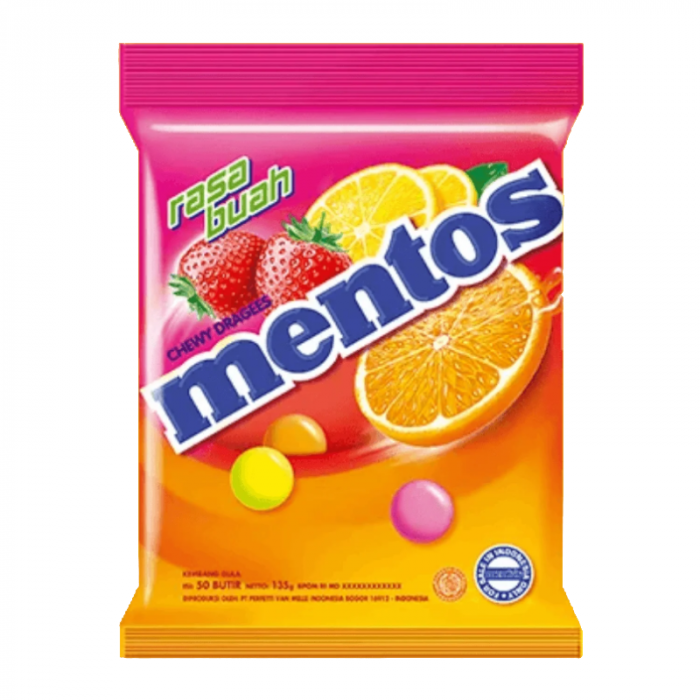 Front of Mentos Fruit Chewy pack showing vibrant colours, strawberry and orange graphics, and the logo on a 135g bag