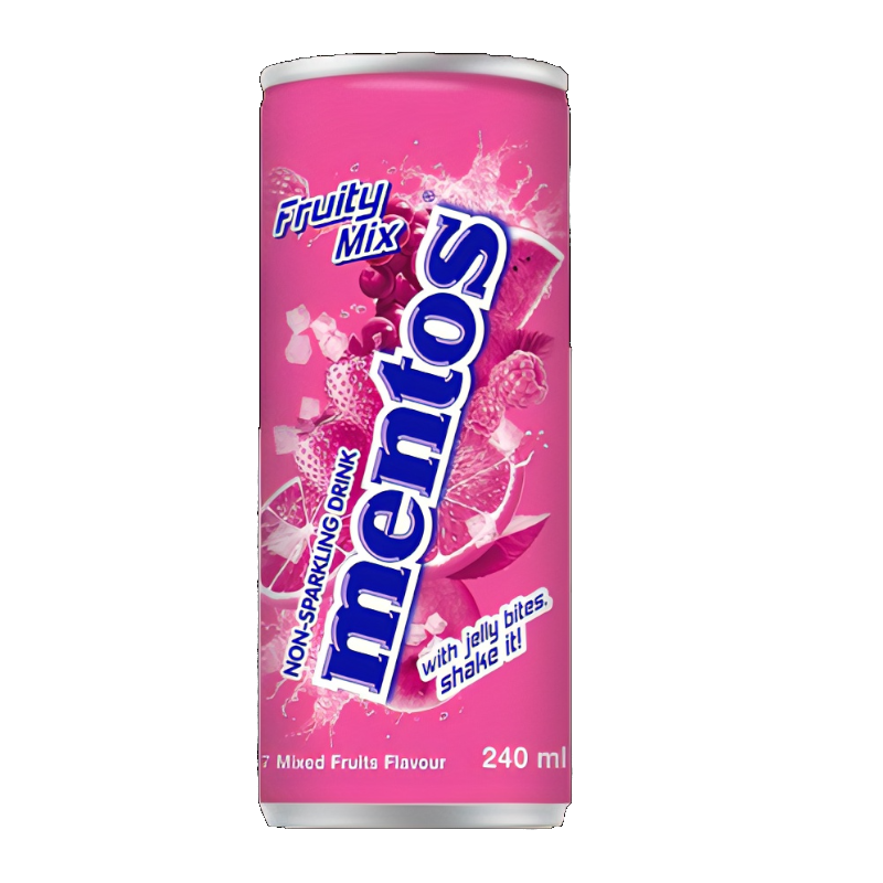 Front of Mentos Fruity Mix Soda can featuring fruity graphics, “non-sparkling drink” text, and “240ml” size label.